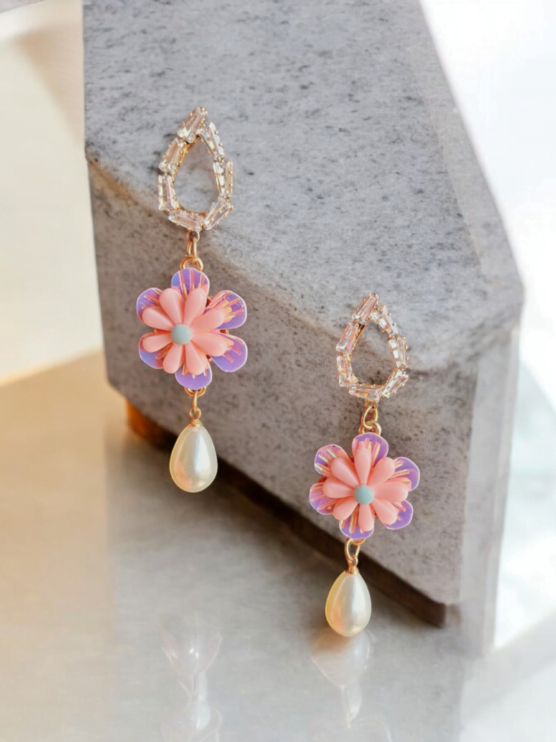 Glass Stone Earrings with Pink Flower and Tear Drop Pearls