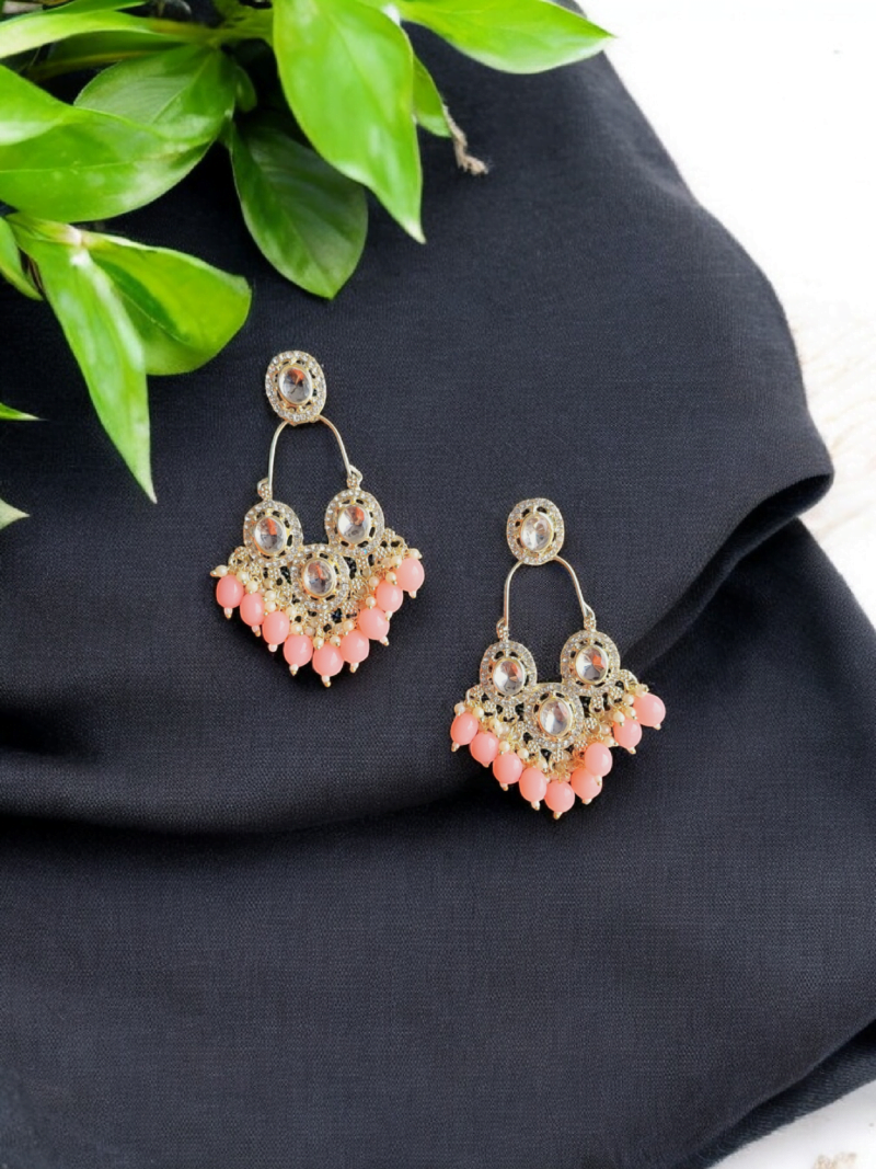 Baali Style Diamond-Studded Kundan Earrings with Pink Beads