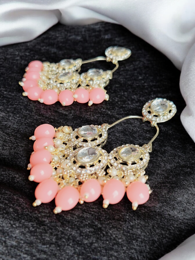 Baali Style Diamond-Studded Kundan Earrings with Pink Beads