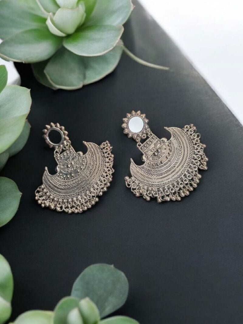 Behold the charm of our Traditional Big Oxidized Silver Earrings with Mirrors.